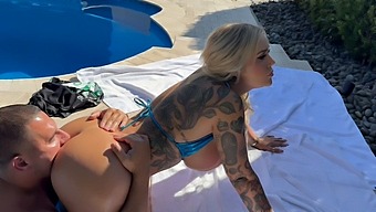 Beautiful White Girl With A Tattooed Ass, Enjoys Poolside Creampie With Cum On Her Ass.
